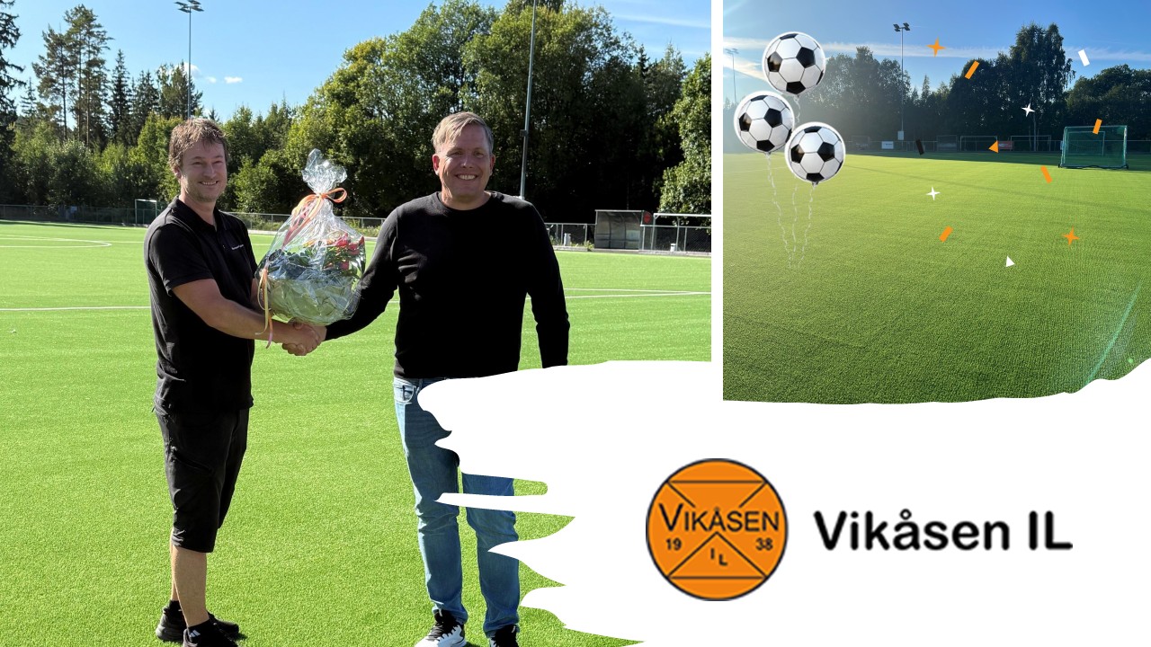 På bilde fra høyre, Kjetil Sørum fra leverandøren Saltex og styreleder i Vikåsen IL , Thomas Lørdal